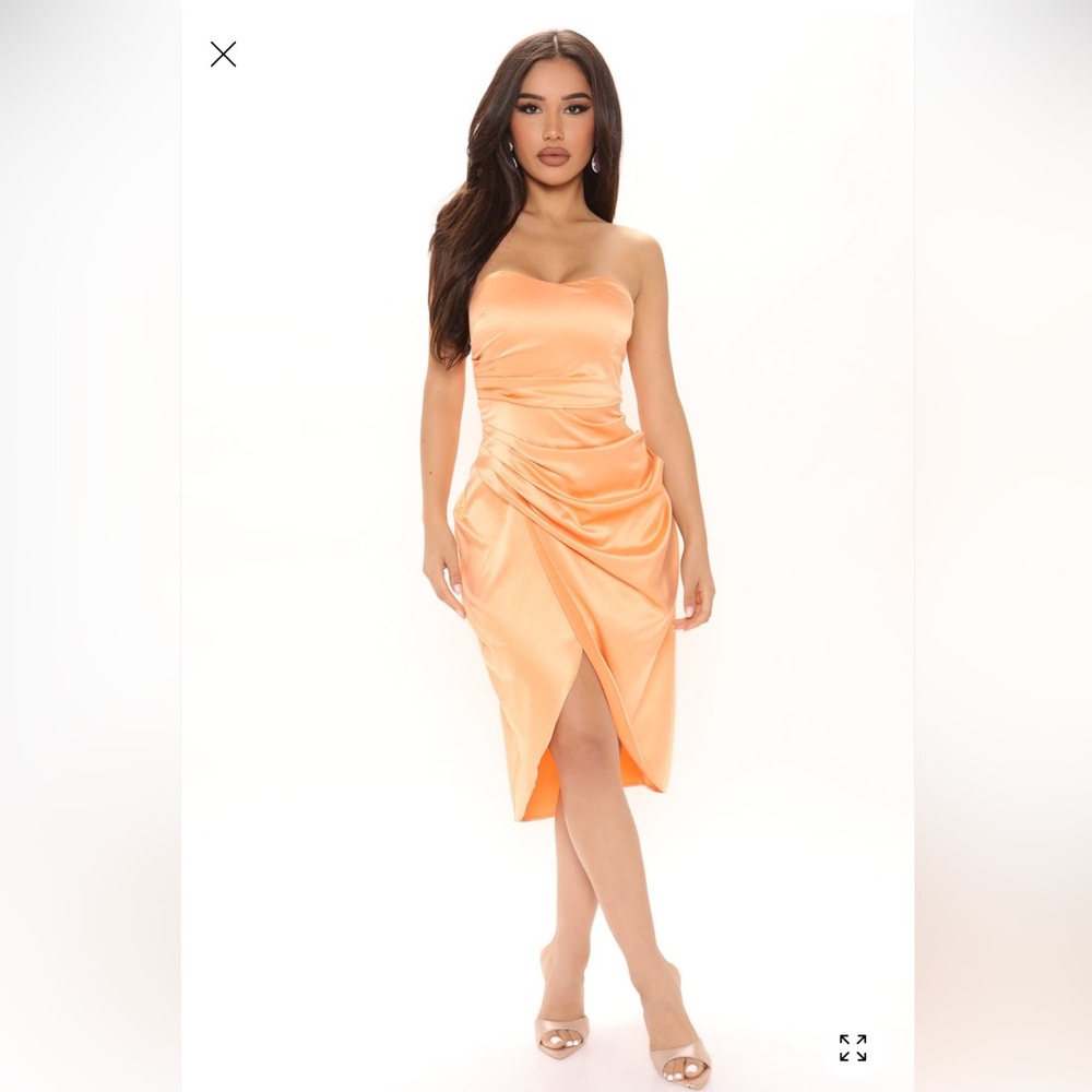 Fashion Nova Orange Satin Strapless Ruched Assymetrical Dress